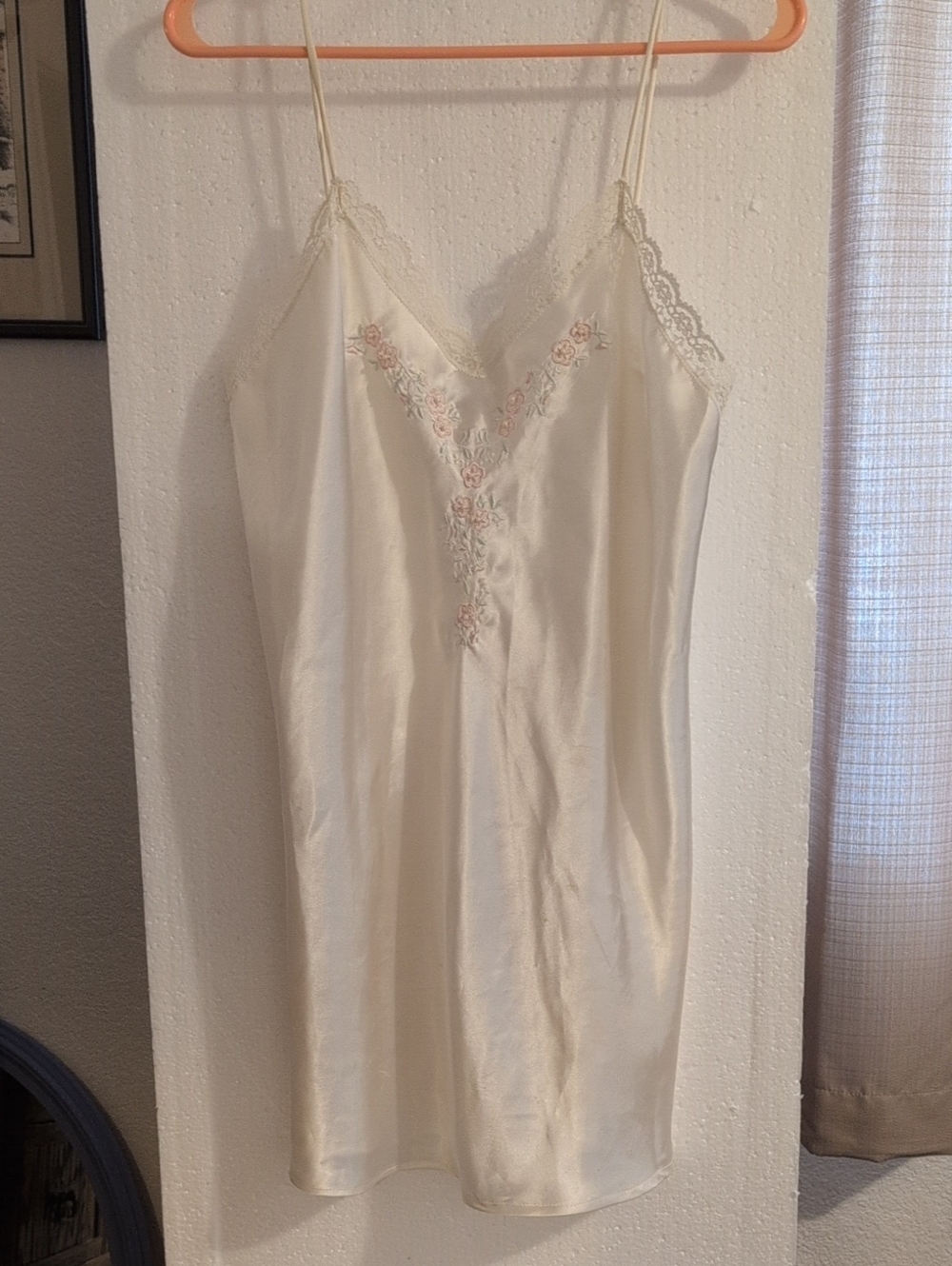 Vintage-Inspired Cream Satin Slip Dress with Delicate Floral Embroidery